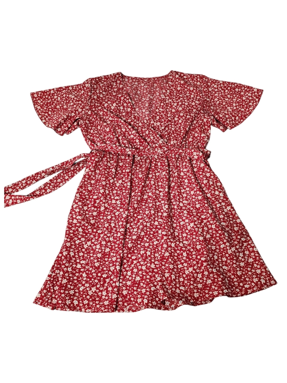 SHEIN Red White Ditsy Floral Faux Wrap Mini Dress V-Neck Flutter Sleeve Tie Wais